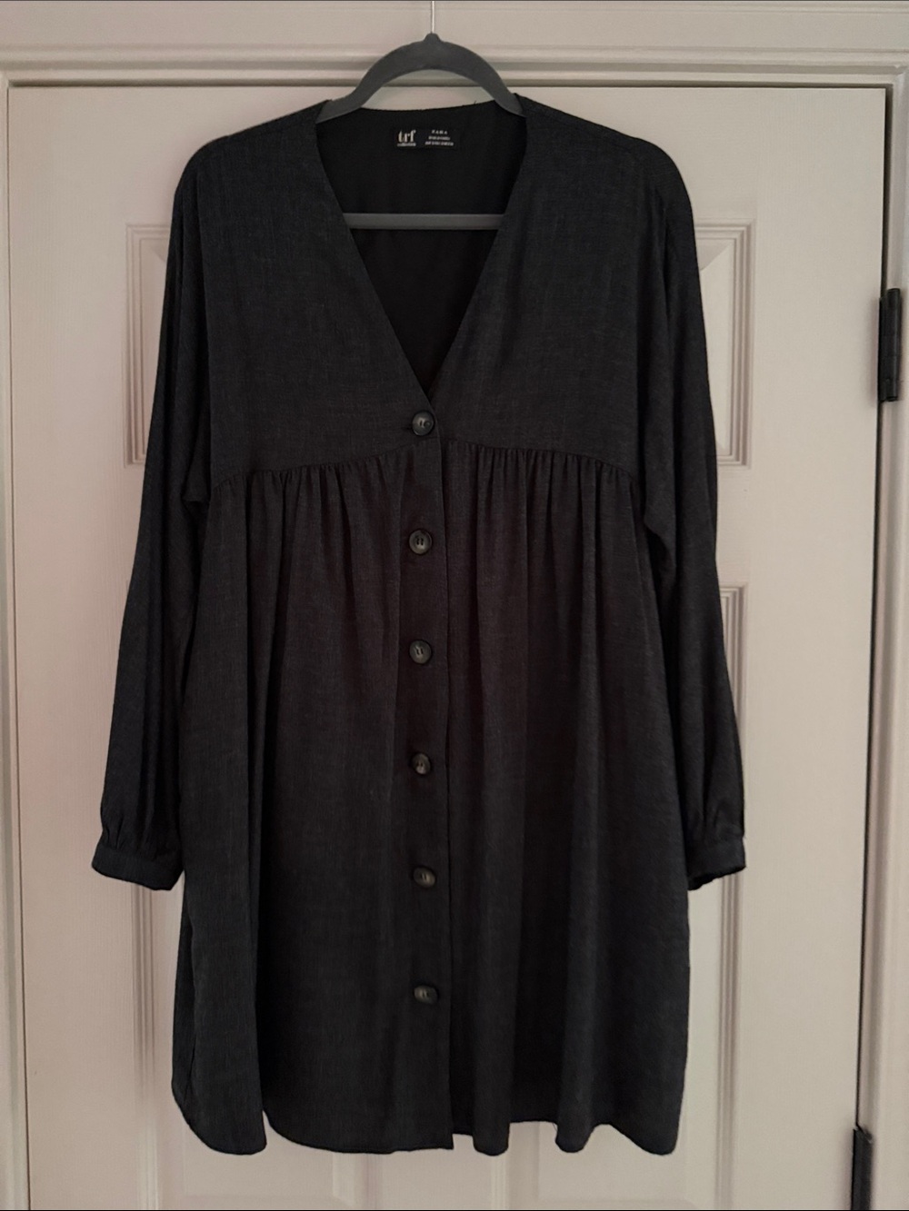 Zara charcoal grey Long-Sleeve Button-Front Babydoll Dress